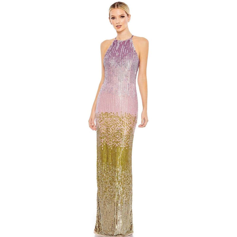 Mac Duggal Ombré Sequin Halter Gown Purple Pink Green Sage Lilac Gold 93738